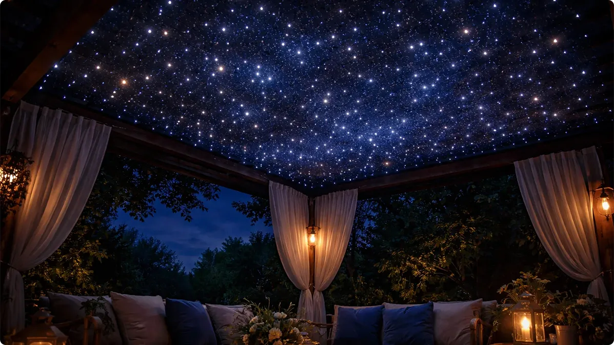 Starry night effect on a pergola roof using hundreds of scattered micro LED twinkle lights at night