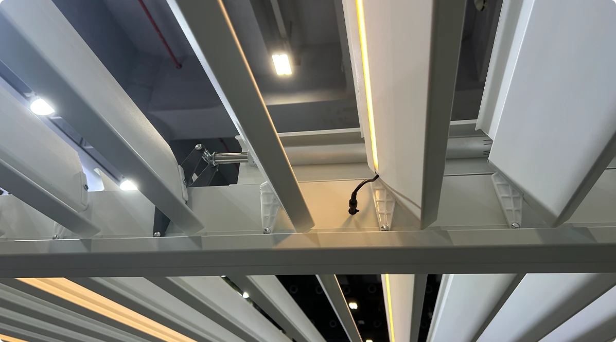 Precision motorized louver adjustment with DC24V linear actuator for smart pergola