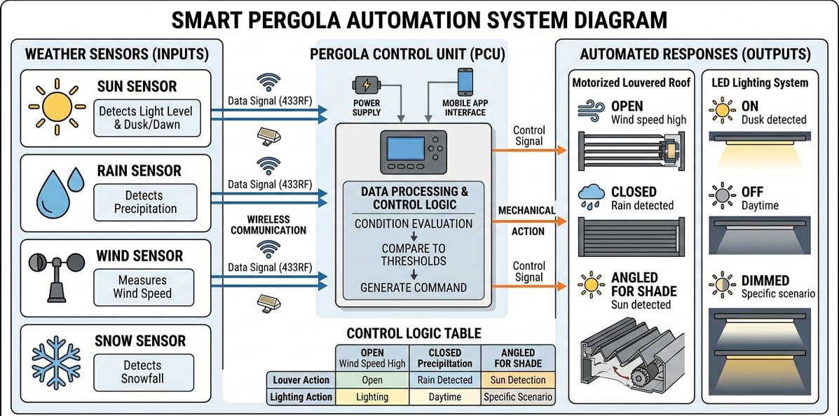 Integration architecture: four sensor inputs (rain, wind, sun, snow) feeding a unified control unit that drives both louver actuators and lighting circuits based on conditional scene logic.