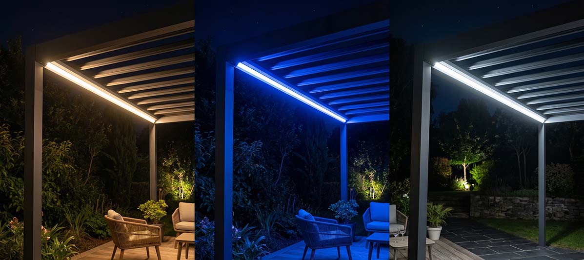 Side-by-side comparison of Single White, RGBW, and RGBCCT LED strips installed inside an aluminum pergola frame, showing different light color outputs under a nighttime outdoor setting