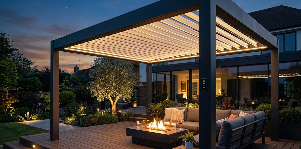 Modern outdoor pergola with integrated motor and LED lighting system at dusk, showing louvred roof and ambient lighting