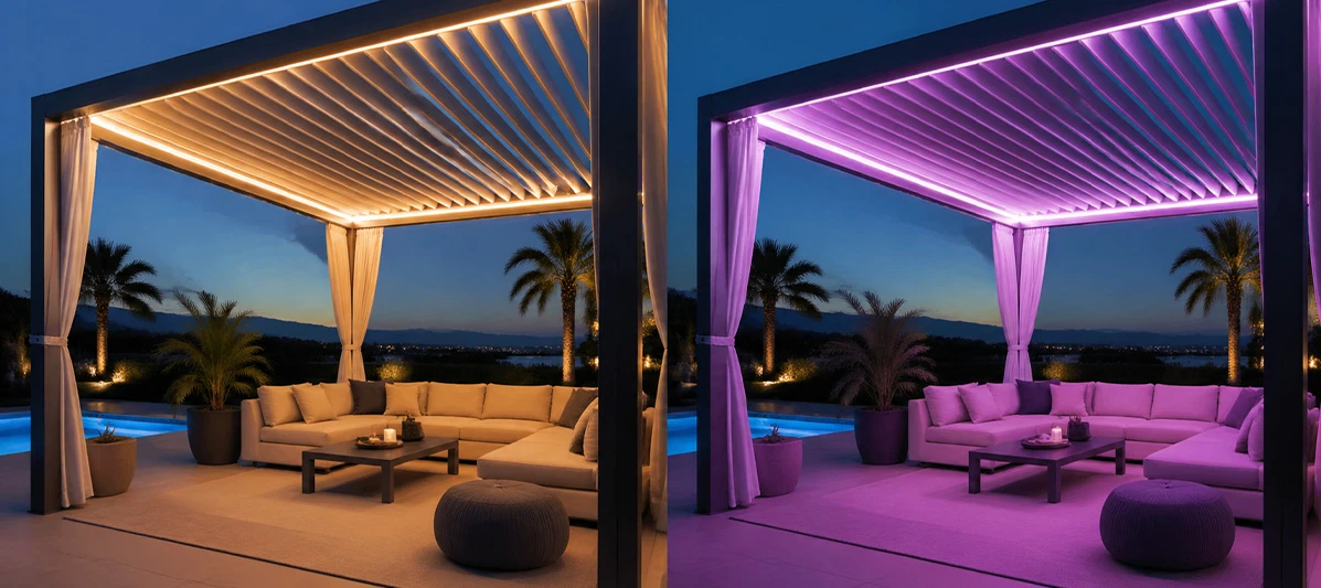 A luxury outdoor pergola with RGBW LED strips switched between warm white 3000K functional mode and a soft lavender party mode, demonstrating multi-million color capability and pastel tone output not achievable with standard RGB