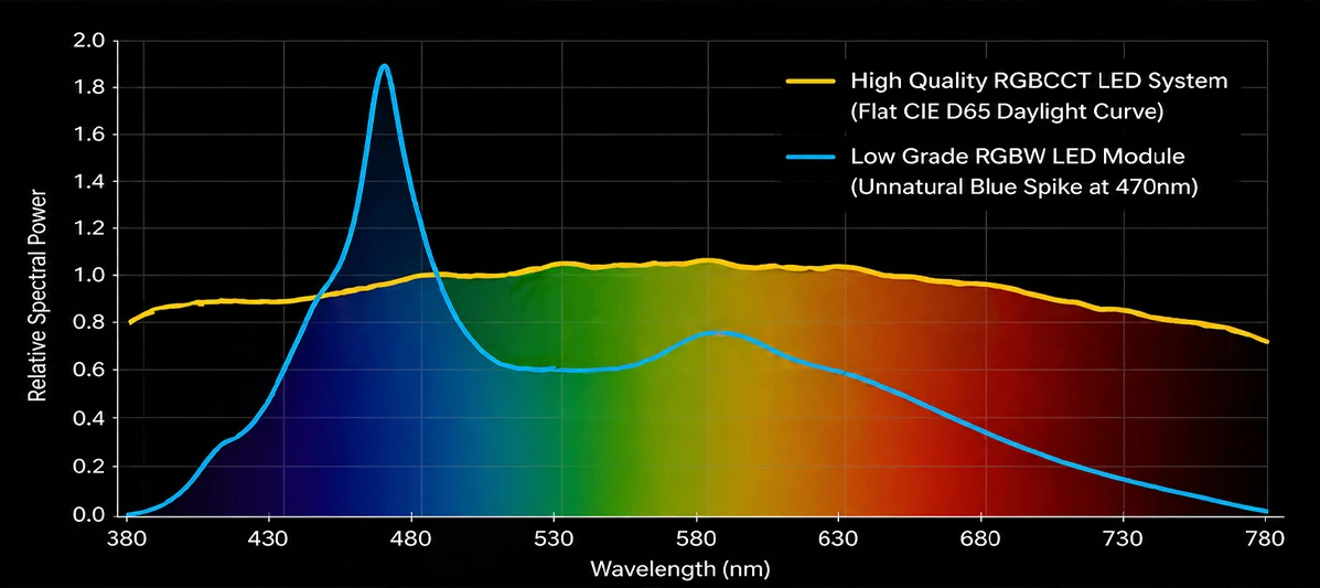 Spectral power distribution graph comparing a high-quality RGBCCT LED system producing a flat CIE D65 daylight curve against a low-grade RGBW module with an unnatural blue spike at 470nm, illustrating the difference in color rendering quality