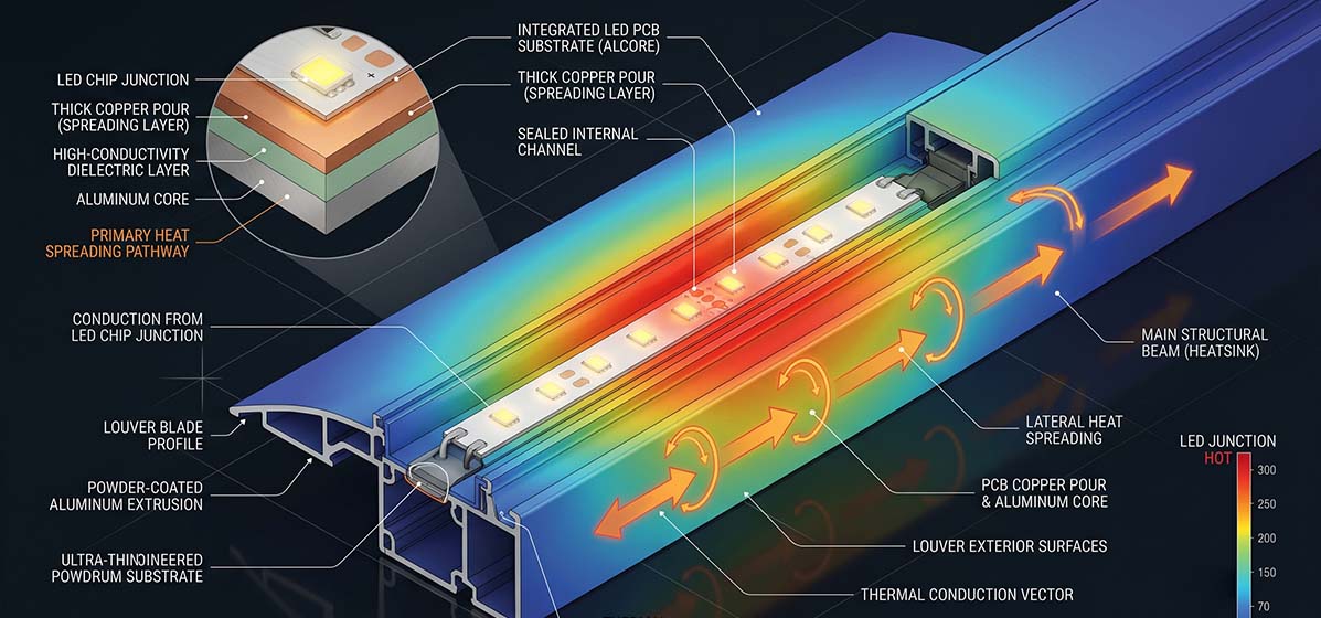 OEM LED PCB thermal management inside aluminum pergola louver cross-section – heat dissipation pathway from chip junction to main extrusion beam engineering diagram