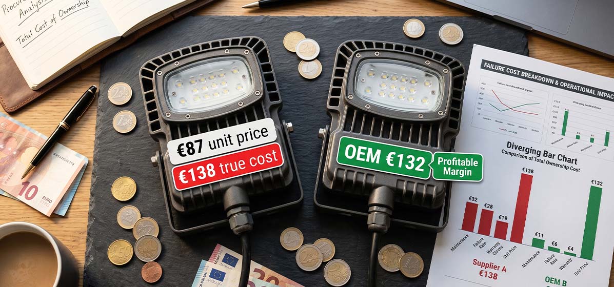 Pergola lighting true total cost of ownership comparison – white-label €87 unit vs OEM €132 unit revealing €138 hidden 3-year cost