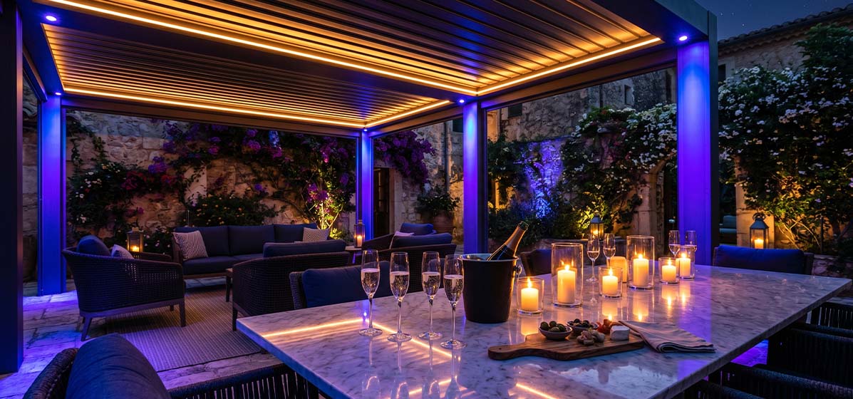 RGBW smart pergola lighting scene control at night – Somfy and Teleco OEM integrated system creating luxury outdoor lounge atmosphere with color-tunable LED strips