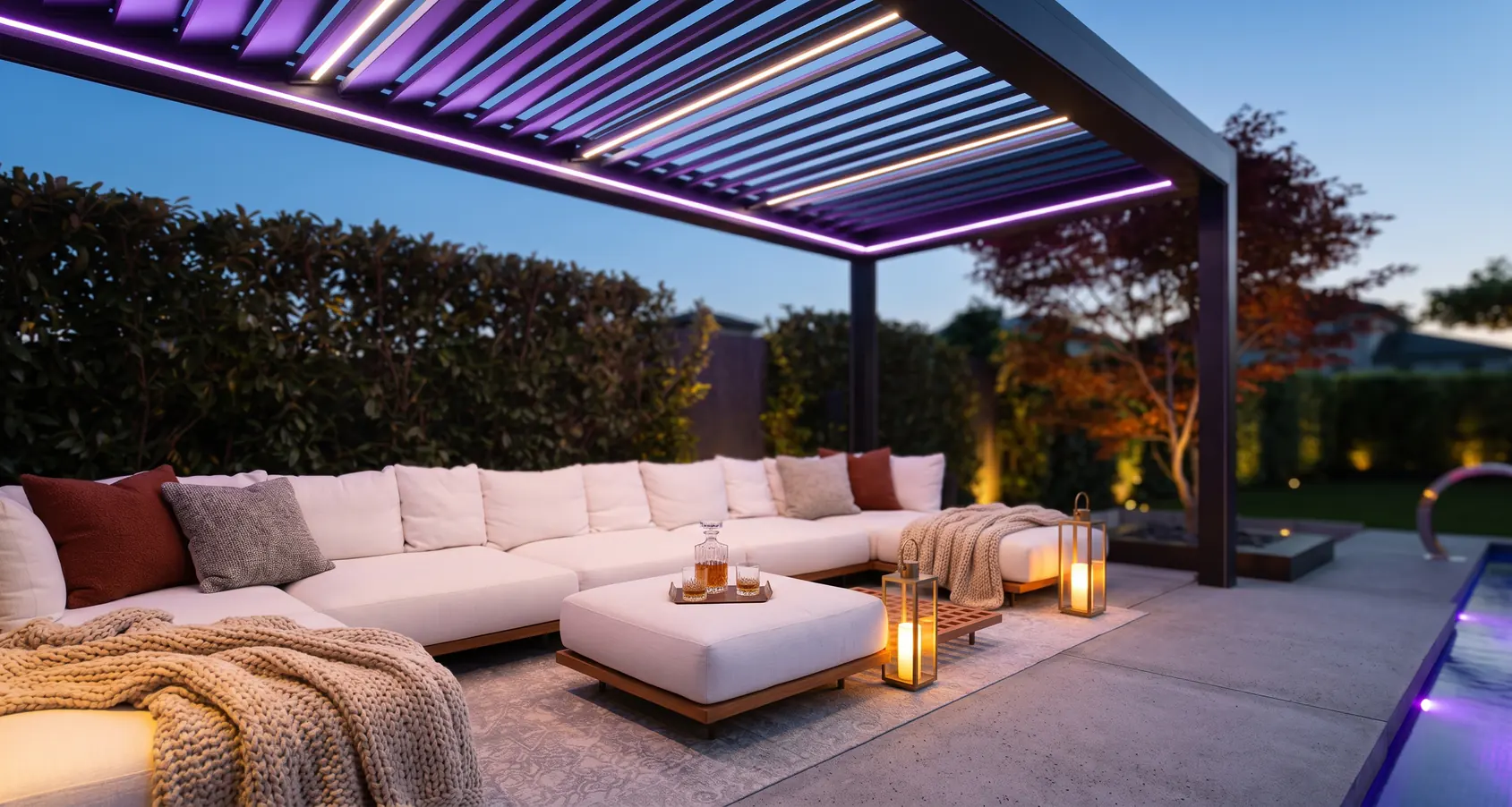 Smart pergola outdoor living room with adaptive ambient lighting in the evening