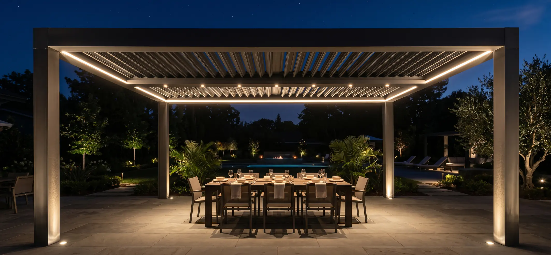 Layered pergola lighting combining ambient, task and accent light at night