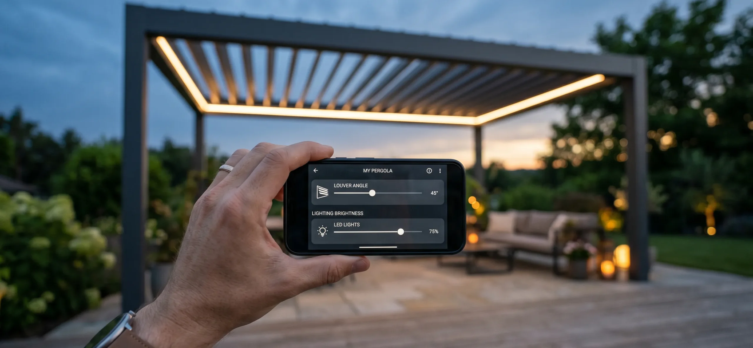 Controlling a smart pergola roof and lighting from a smartphone app