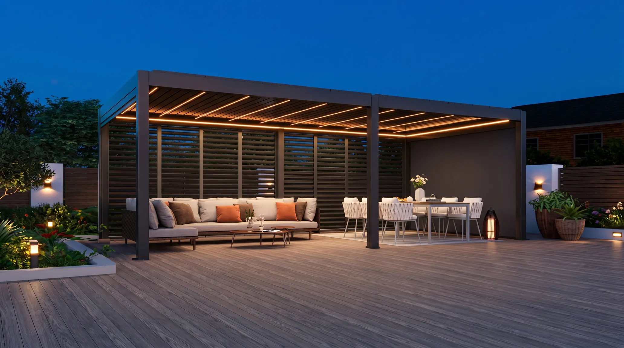 Modern aluminum louvered pergola with integrated LED lighting at dusk