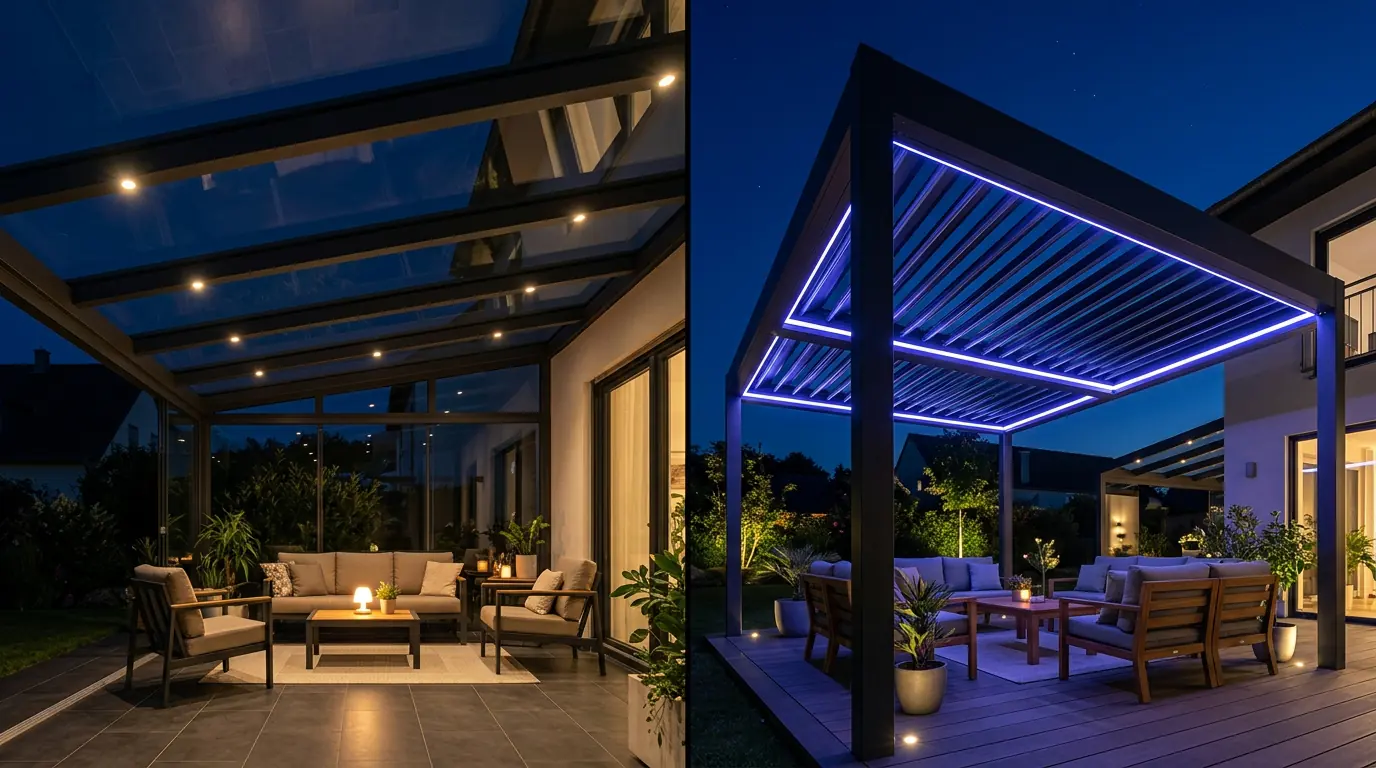 glass-veranda-vs-louvered-pergola-night-lighting-comparison