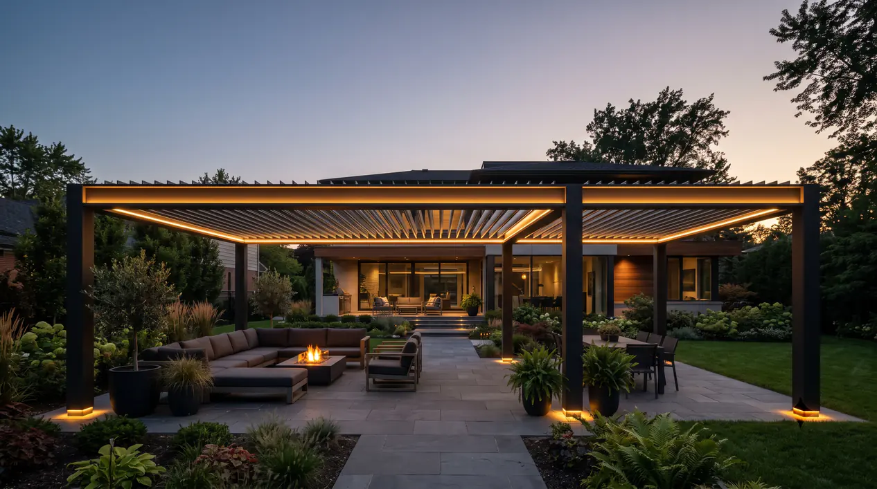 luxury-louvered-pergola-led-lighting-dusk-backyard