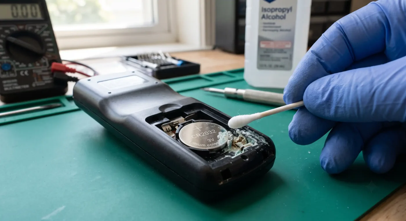 vled rf-remote-control-battery-contact-oxidation-corrosion-troubleshooting